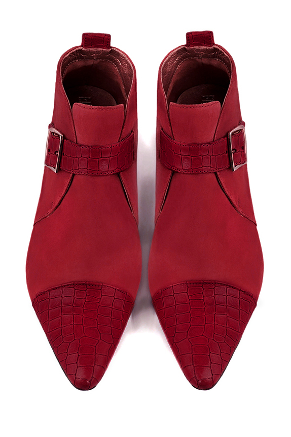Cardinal red women's ankle boots with buckles at the front. Tapered toe. Low cone heels. Top view - Florence KOOIJMAN
